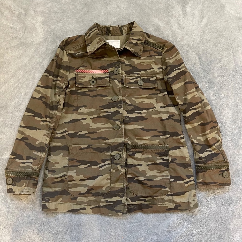 Caslon Utility Jacket Camo Print Pink Embroidered Women's XXS Petite